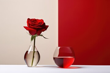 A single red rose reflecting in a wine glass against a red background.