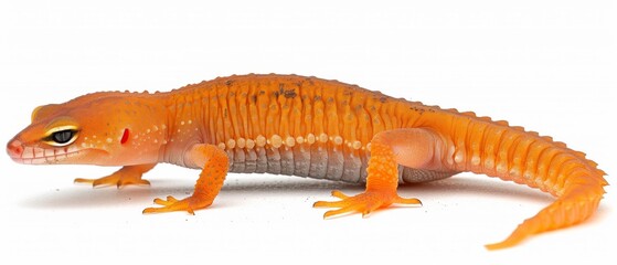  a close up of a small orange gecko on a white background with a shadow of the gecko on the back of the gecko.