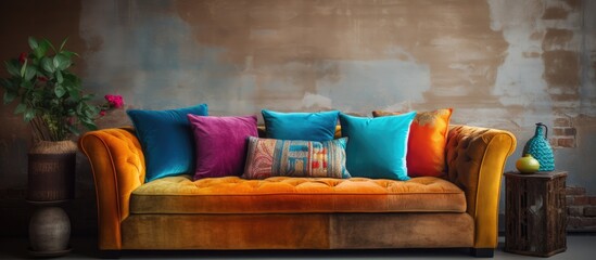 A couch is covered with a variety of colorful throw pillows, creating a cozy and inviting seating area in a living room or lounge setting. The pillows are neatly arranged on the couch,