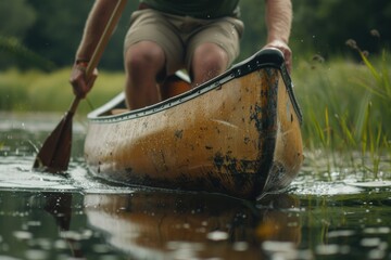 A man paddling a canoe on the water. Suitable for outdoor activities promotion