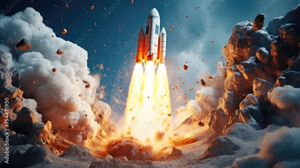 Aufkleber a rocket taking off from a rocky area. suitable for science and technology concepts