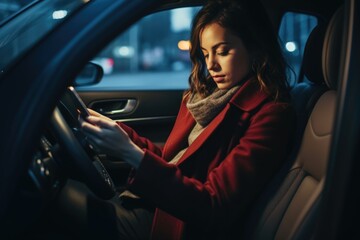 Woman sitting in a car, checking her cell phone. Suitable for technology or transportation concepts - obrazy, fototapety, plakaty