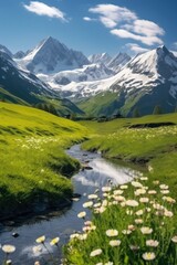 A scenic view of a stream flowing through a vibrant green valley. Suitable for nature and landscape themes