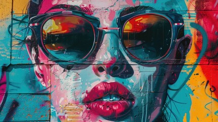 Abstract painting of a woman wearing sunglasses on a wall. Suitable for interior decoration