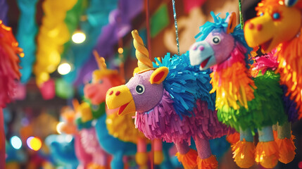  A group of colorful piñatas hanging from the ceiling, awaiting the joyful moment when they'll be smashed open to reveal their hidden treasures  - obrazy, fototapety, plakaty