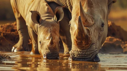 Keuken spatwand met foto A mother rhino and her baby drinking water. Suitable for nature and wildlife concepts © Fotograf