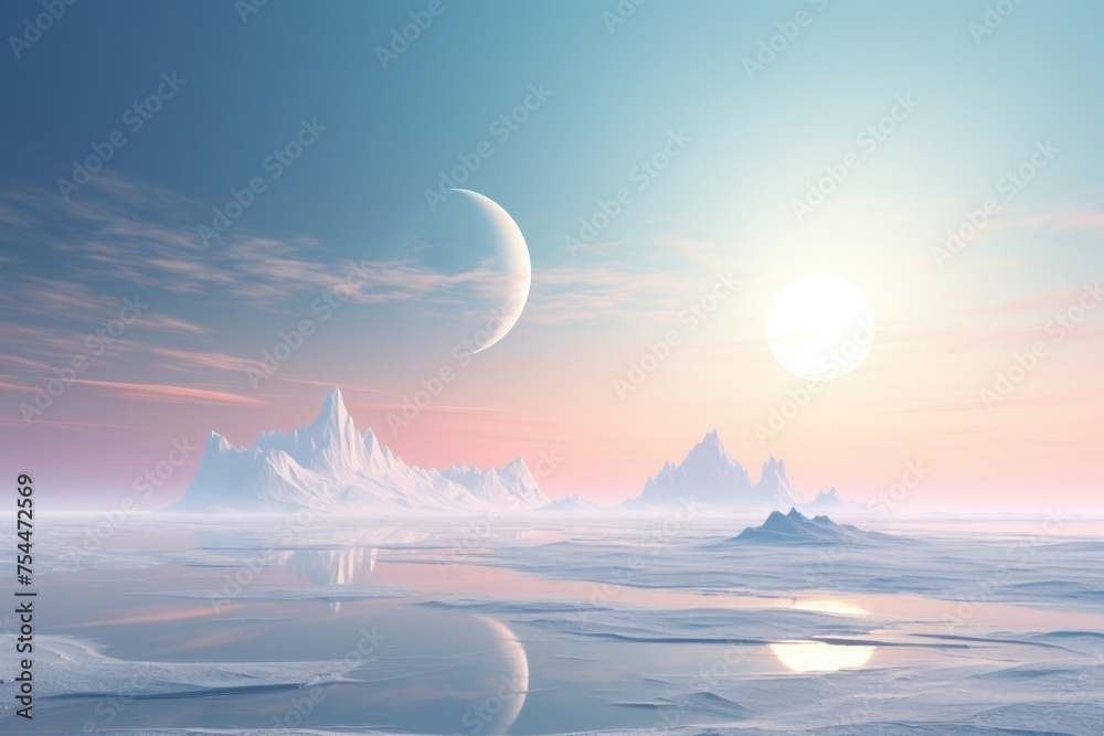 Poster A view of a planet with a moon in the sky. Suitable for science fiction or space-themed projects