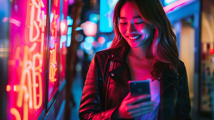 Fototapeta na wymiar A stunning young lady using a smartphone while standing on a neon-lit, nighttime city street. Beautiful Smiling Woman Using Her Phone in a Portrait.