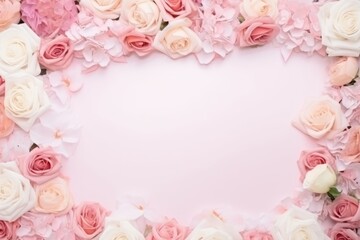 Frame composed of various shades of pink and white roses and hydrangeas on a pale pink background.