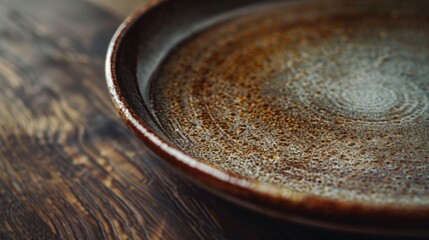 A brown plate on a wooden table, suitable for food photography