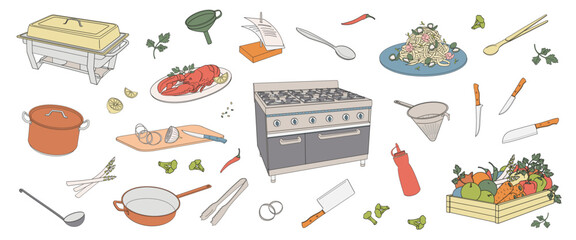 set  elements about cooking in a restaurant, pot, frying pan, colander, vegetables, knives, gas stove