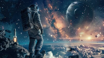 Astronaut in deep space. Science space art. Creative surreal wallpaper. Spaceman in bright galaxy. Elements of this image furnished by NASA - obrazy, fototapety, plakaty