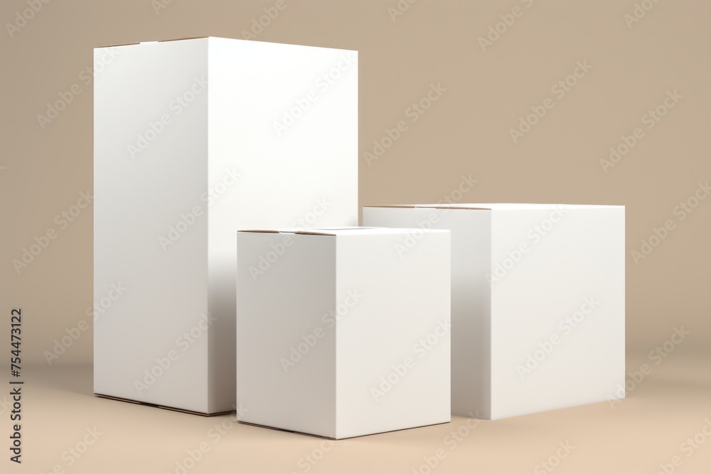 Poster Three white boxes stacked on top of each other. Suitable for packaging and shipping concepts