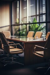 A professional conference table with chairs and a plant in the background. Suitable for business and office-related concepts