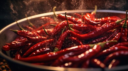 A bowl of red hot peppers being sprinkled with water. Suitable for food and cooking concepts
