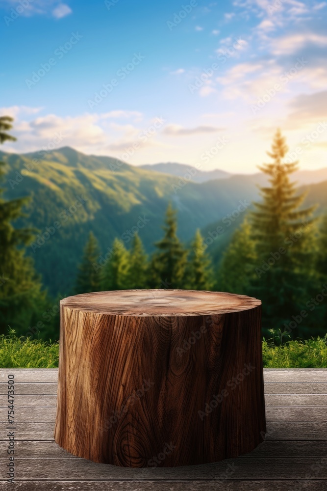 Poster a tree stump resting on a wooden table, suitable for nature and rustic themes