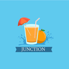 glass of orange juice. junction logo. brand logo. juice company logo. juice shop logo. glass. juice glass logo. juice glass. orange. straw. logo design vector illustration.