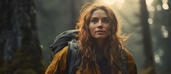 A young female mountaineer with long hair is walking through a dense forest, surrounded by tall trees and lush greenery. She appears focused and determined as she navigates the natural terrain.