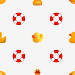Summer beach background. Seamless background with rubbe ducks and  lifebuoys  - 754473786