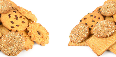 A variety of cookies isolated on a white. Collage. Free space for text. Wide photo.