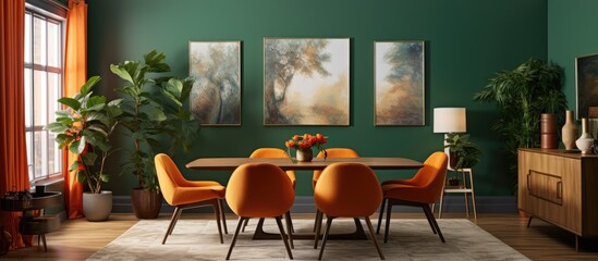 A dining room featuring green walls and hardwood flooring. A wooden dining table is seen in the center, surrounded by four vibrant orange chairs.