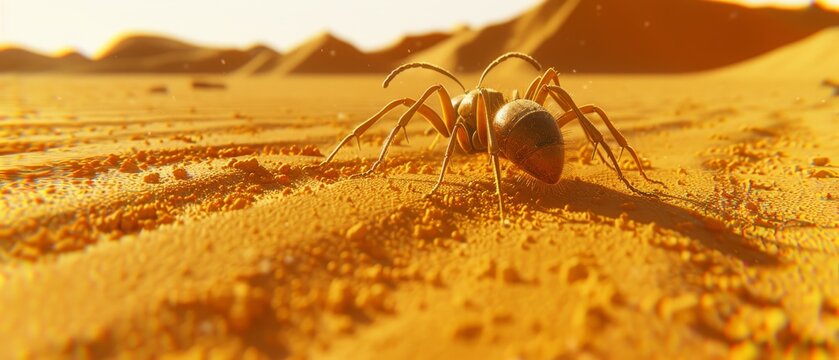  a close up of a spider on a sandy surface with a mountain in the back ground and a yellow sky in the background.