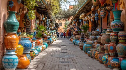 Colorful vases adorn the brick sidewalk, adding a pop of art to the city street