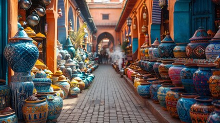 Colorful vases line a narrow alleyway, enhancing the visual arts in the city