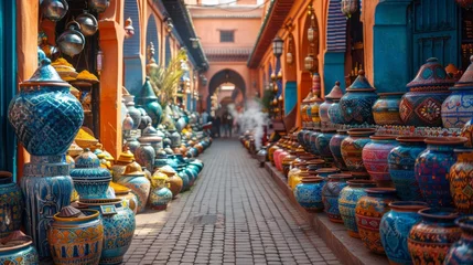 Tuinposter Colorful vases line a narrow alleyway, enhancing the visual arts in the city © yuchen