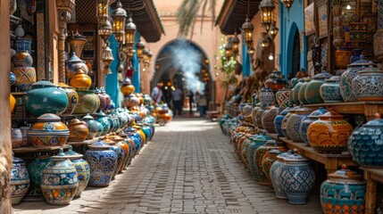 Narrow alleyway lined with vibrant vases, a colorful sight