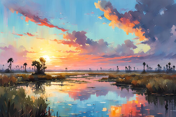 Watercolor painting of the everglades at sunset
