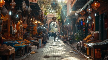Fototapeta premium City street with shops, lanterns, and narrow buildings