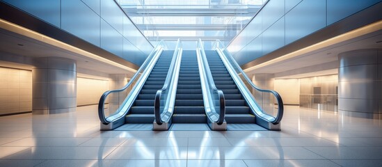 An empty escalator stretches upwards in a new, modern building, leading towards a skylight overhead. The escalator is motionless, contrasting with the natural light pouring in from above.