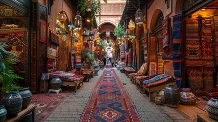 Fototapeta na wymiar a narrow alleyway filled with lots of colorful rugs and chairs