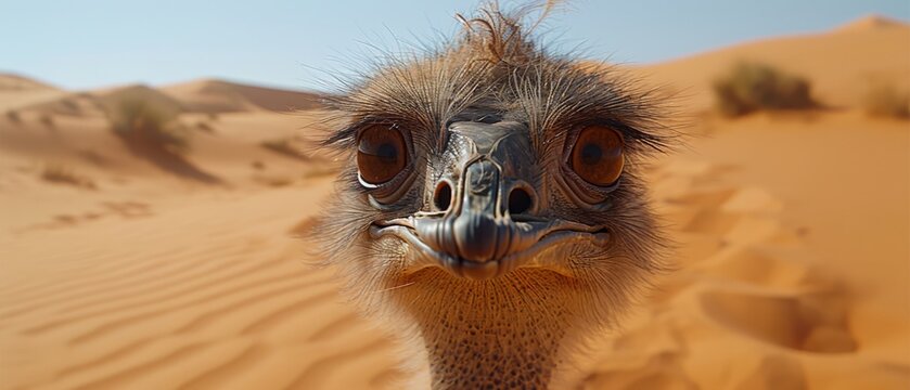  a close up of an ostrich's face with sand dunes in the back ground and a blue sky in the background.