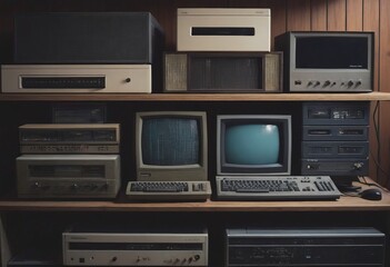 Obraz premium pile of old unused computers and vintage CRT monitors