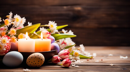 Obraz na płótnie Canvas Easter decoration with eggs, candles and tulips on a wooden background. Greeting card on an Easter theme. Happy Easter concept.