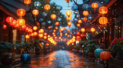 a row of lanterns are hanging from trees on a street - Powered by Adobe
