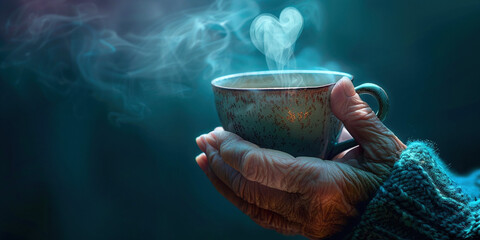 Hand with mug cup of steaming coffee tea beverage drink with heart print on it. Romantic cozy morning in kitchen, motivation to wake up in the morning. Valentines day share love concept - obrazy, fototapety, plakaty