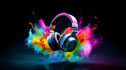 Stereo headphones exploding in festive colorful splash, dust and smoke with vibrant light effects on loud music sound, pulse, bass and beats, ready for party - - obrazy, fototapety, plakaty