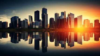 Fototapeta na wymiar Skyscrapers at sunset, graphic perspective of buildings and reflections on water - Abstract architectural background for financial, corporate and business brochure template