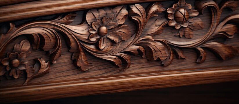 This close-up shows a detailed wooden carving on a wall, featuring intricate patterns and designs. The carving is classic in style and can be seen in brown wood.