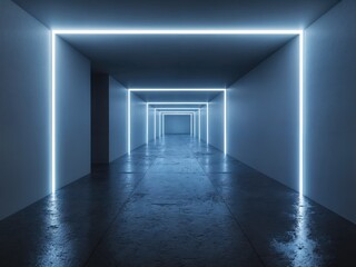 A dark room with a glowing neon light at the end of a long hallway.