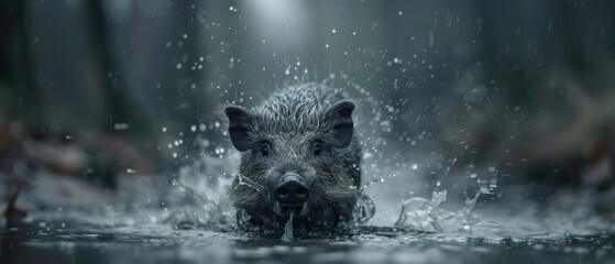  a wild boar wades through the water in the rain in this artistic photo of a wild boar splashing in a pool of water. - obrazy, fototapety, plakaty