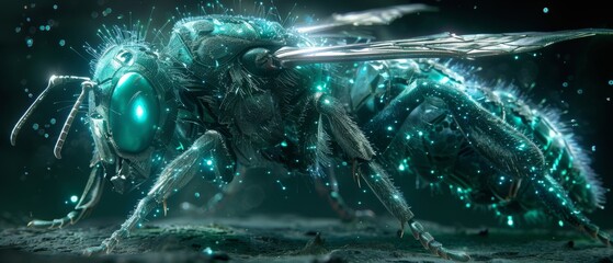  a close up of a very large insect with a sword in it's mouth and a body of water in the background.