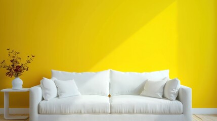 Orange modern sofa and home potted plant near on a plain yellow background, front view. AI generative - obrazy, fototapety, plakaty