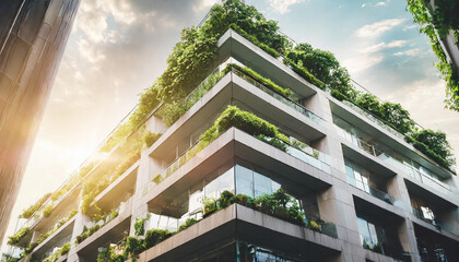 Immeuble futuriste avec des plantes et de la verdure sur les balcons et façades