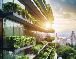 Immeuble futuriste avec des plantes et de la verdure sur les balcons et façades