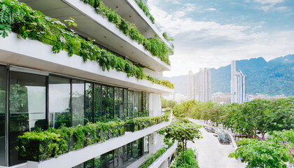 Immeuble futuriste avec des plantes et de la verdure sur les balcons et façades