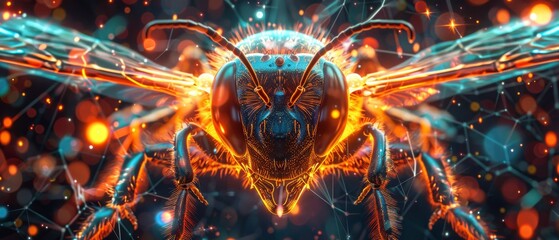  a close up of a bug with a lot of lights on it's back and wings on it's back.